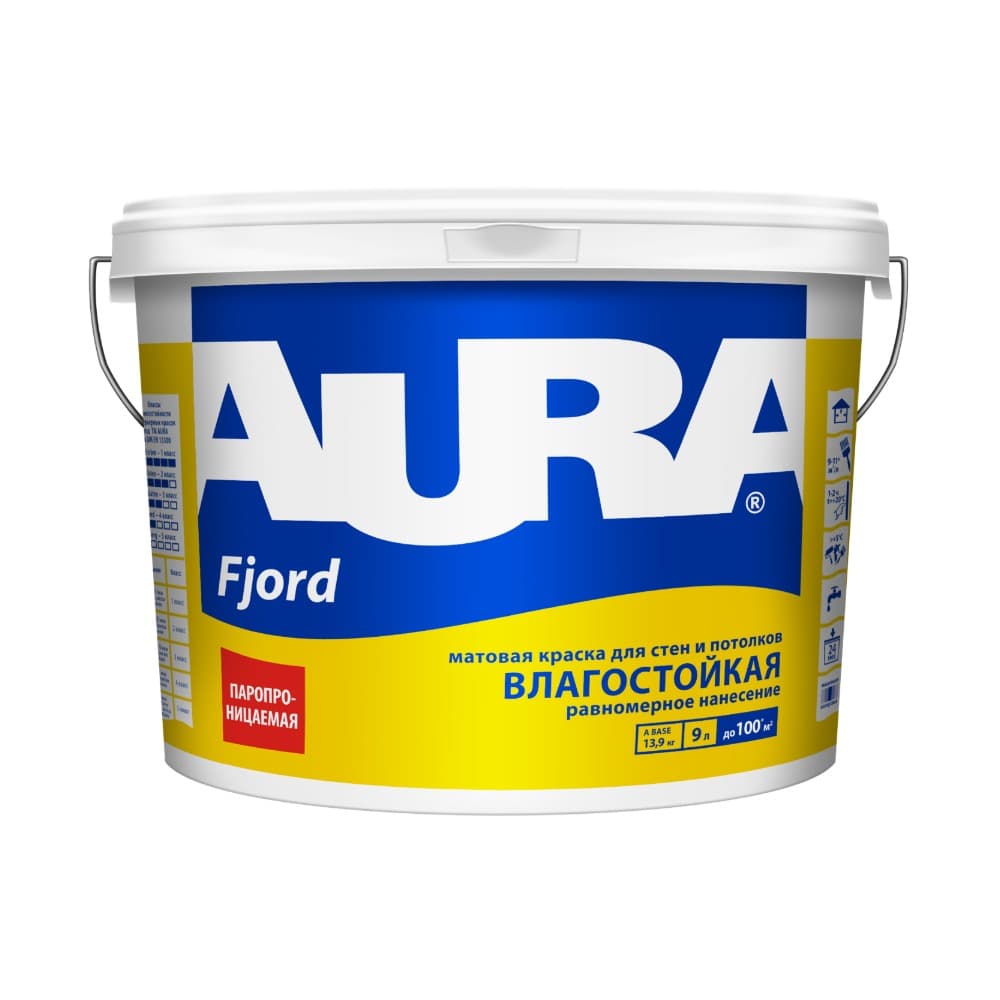 Влагостойкая краска для стен и потолков AURA Interior Fjord 9 л