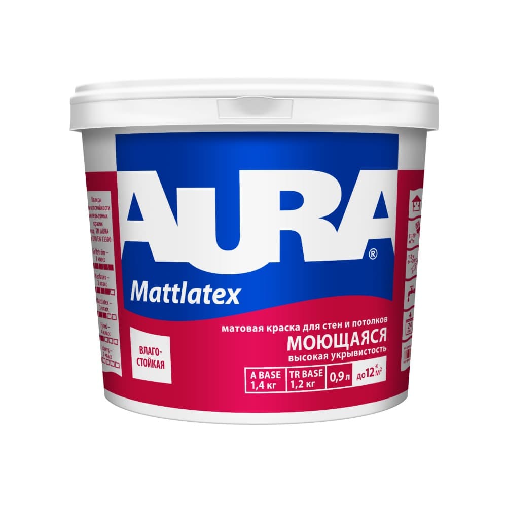 Высококачественная моющаяся краска для стен и потолков AURA Interior Mattlatex 0.9 л (TR)