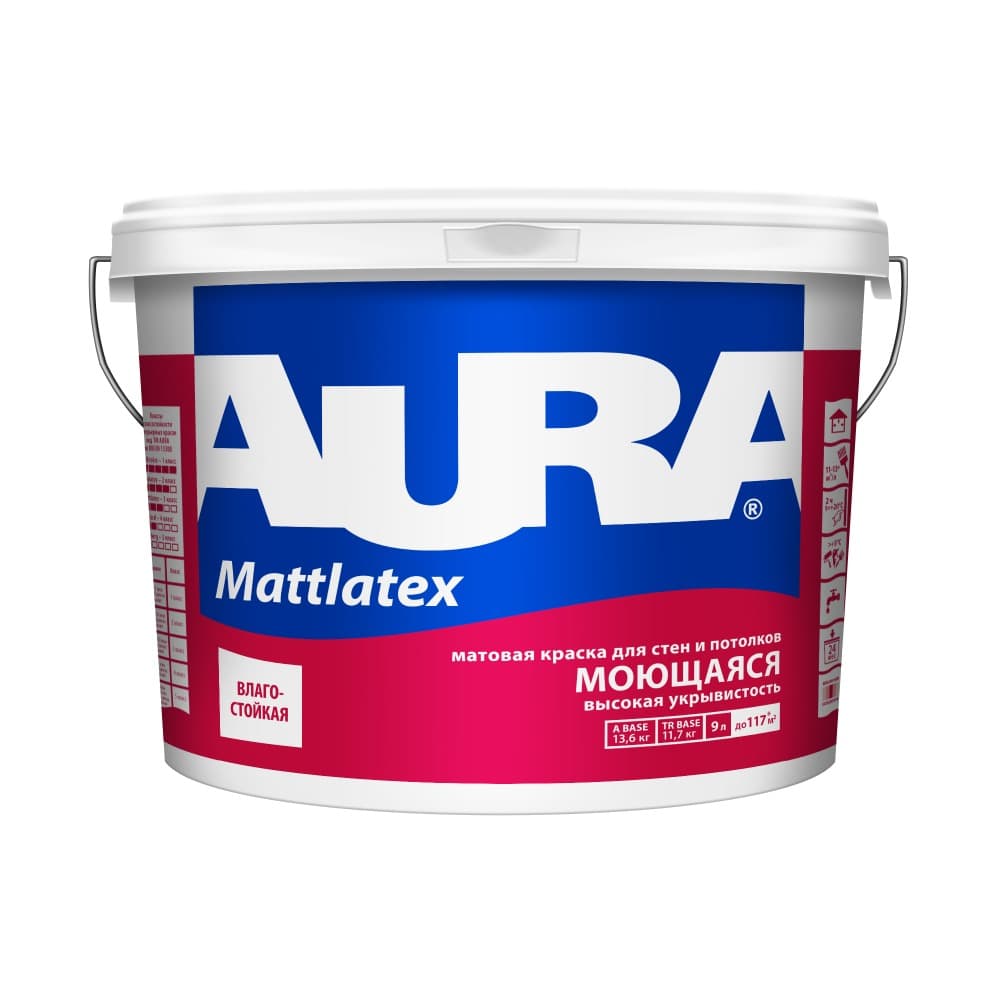 Высококачественная моющаяся краска для стен и потолков AURA Interior Mattlatex 4.5 л (A)