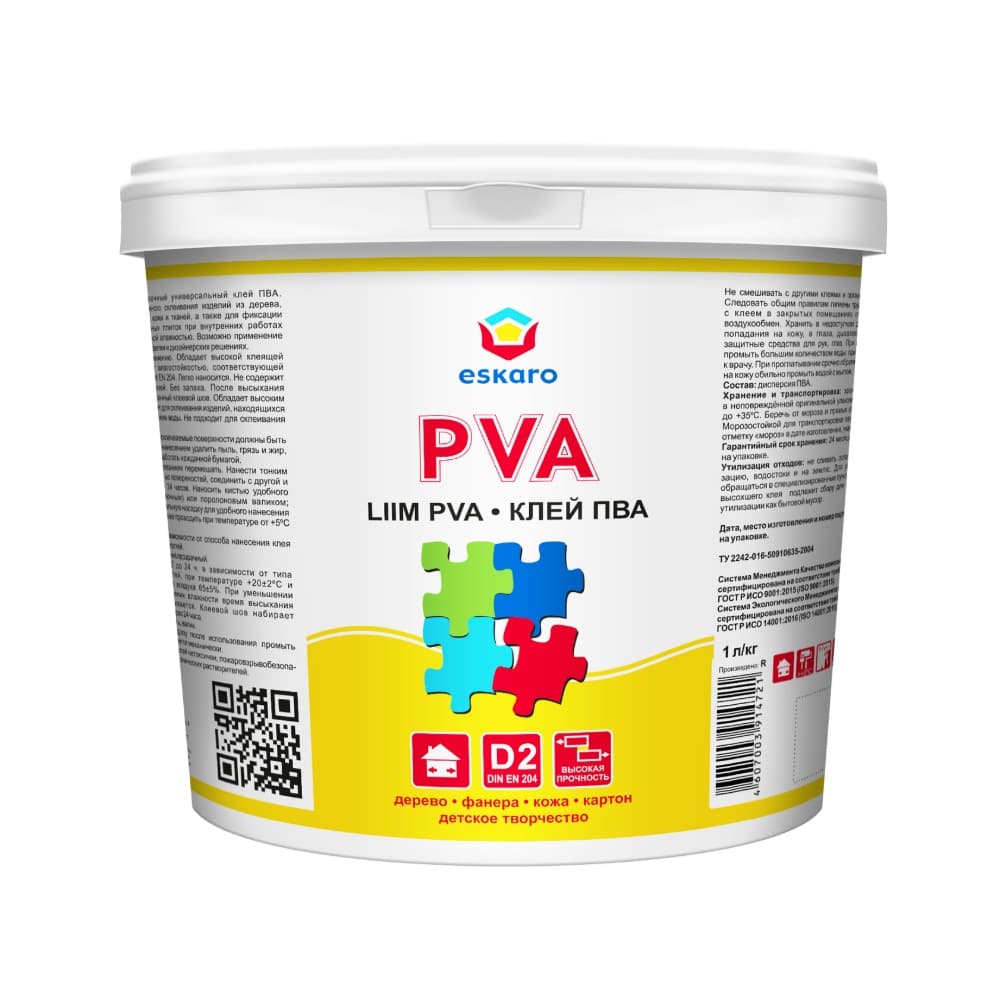 Универсальный клей ПВА для внутренних работ Eskaro PVA Liim 1 л